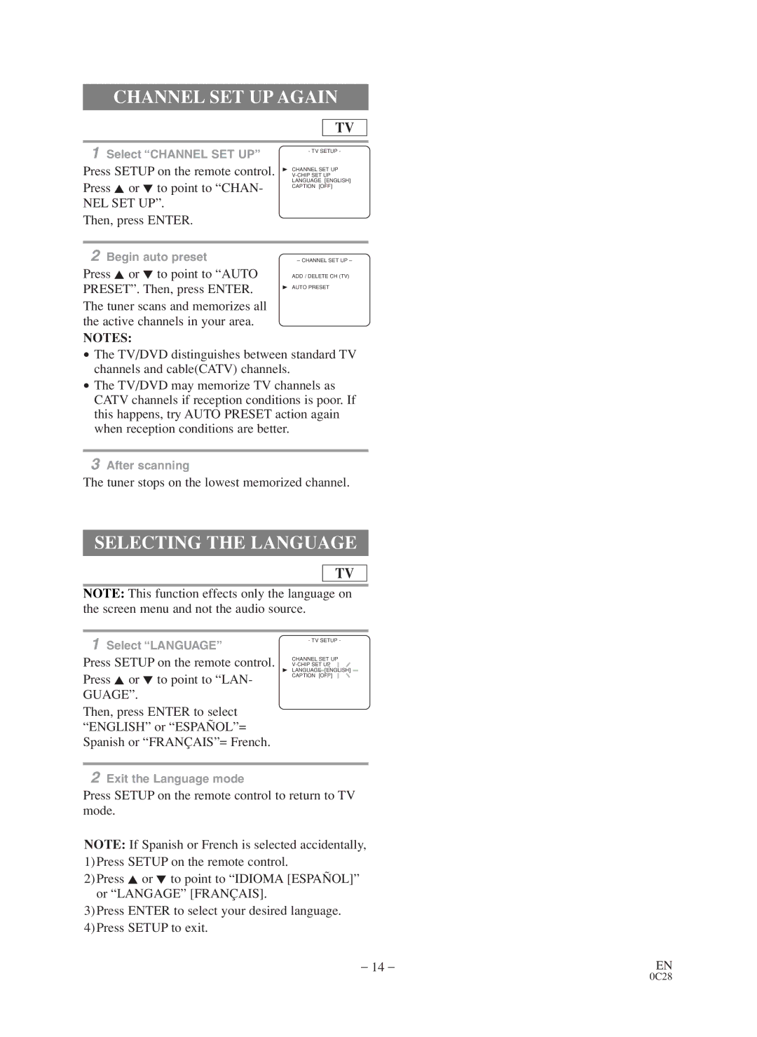 Sylvania 6519VD owner manual Channel SET UP Again, Selecting the Language, Tuner stops on the lowest memorized channel 