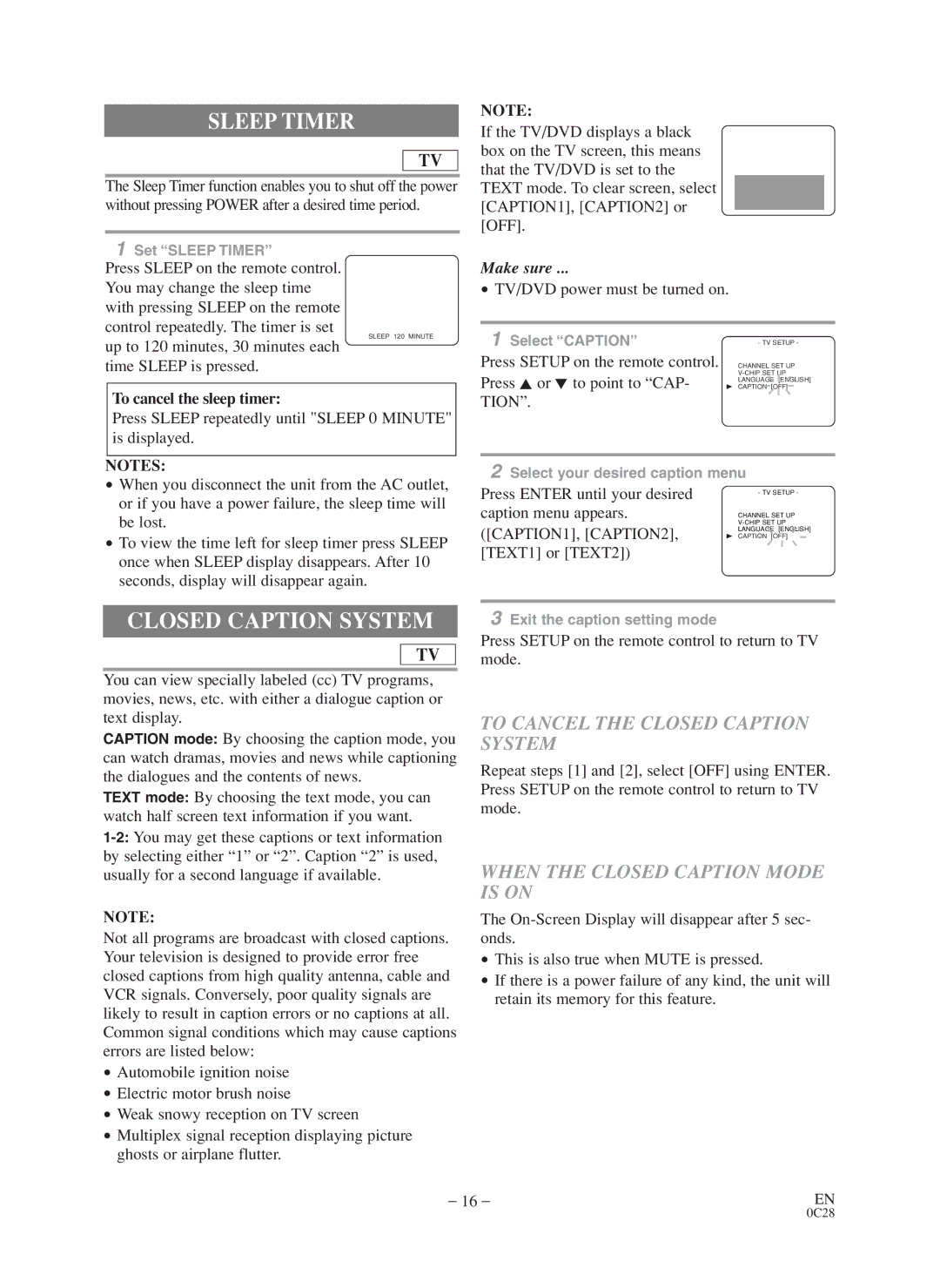 Sylvania 6519VD owner manual Sleep Timer, To Cancel the Closed Caption System, When the Closed Caption Mode is on 