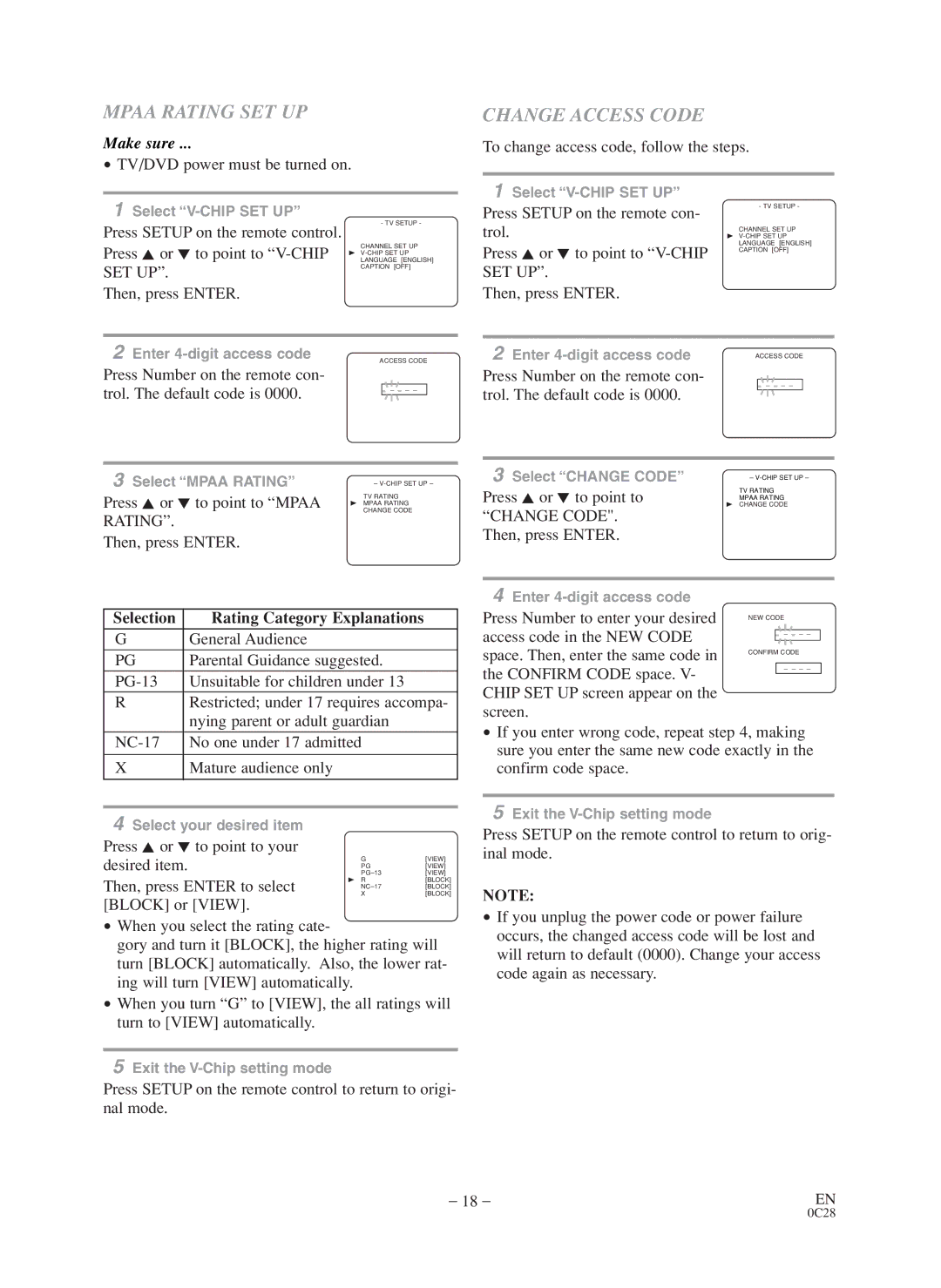 Sylvania 6519VD owner manual Mpaa Rating SET UP, Change Access Code 