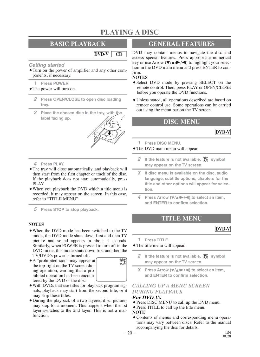 Sylvania 6519VD owner manual Playing a Disc, Basic Playback, General Features, Disc Menu, Title Menu 