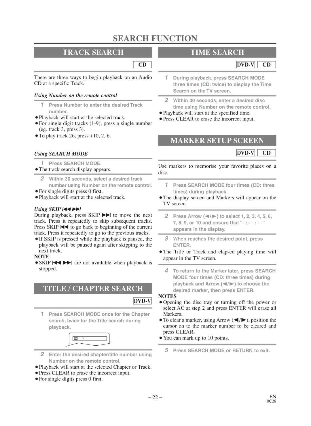 Sylvania 6519VD owner manual Search Function, Track Search, Title / Chapter Search, Marker Setup Screen 