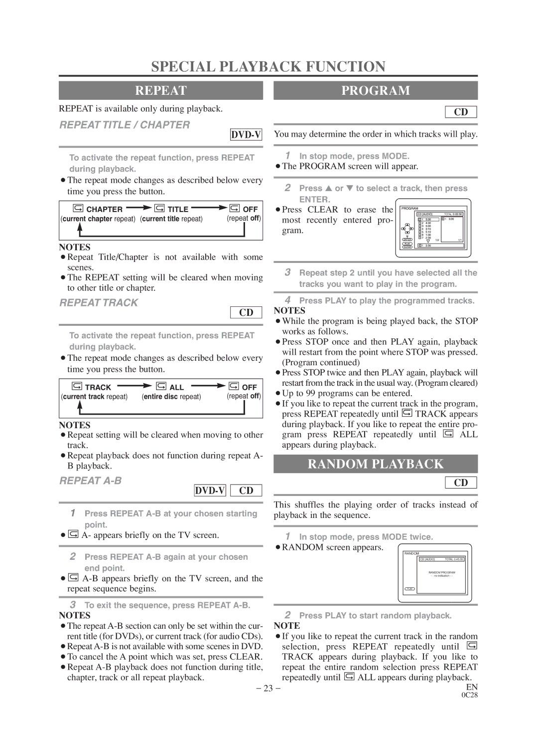 Sylvania 6519VD owner manual Special Playback Function, Repeat, Random Playback 