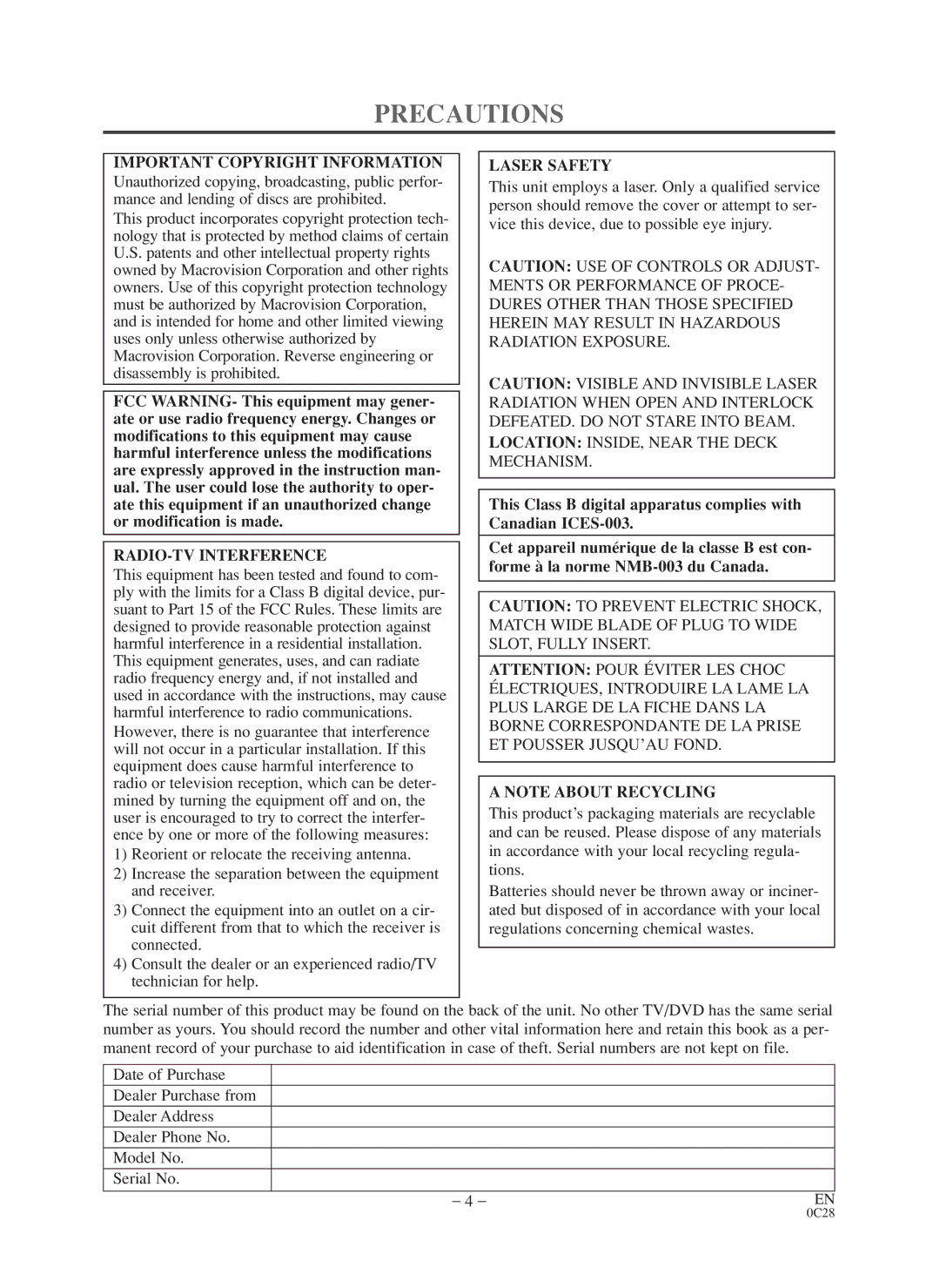 Sylvania 6519VD owner manual Precautions, Important Copyright Information, RADIO-TV Interference, Laser Safety 