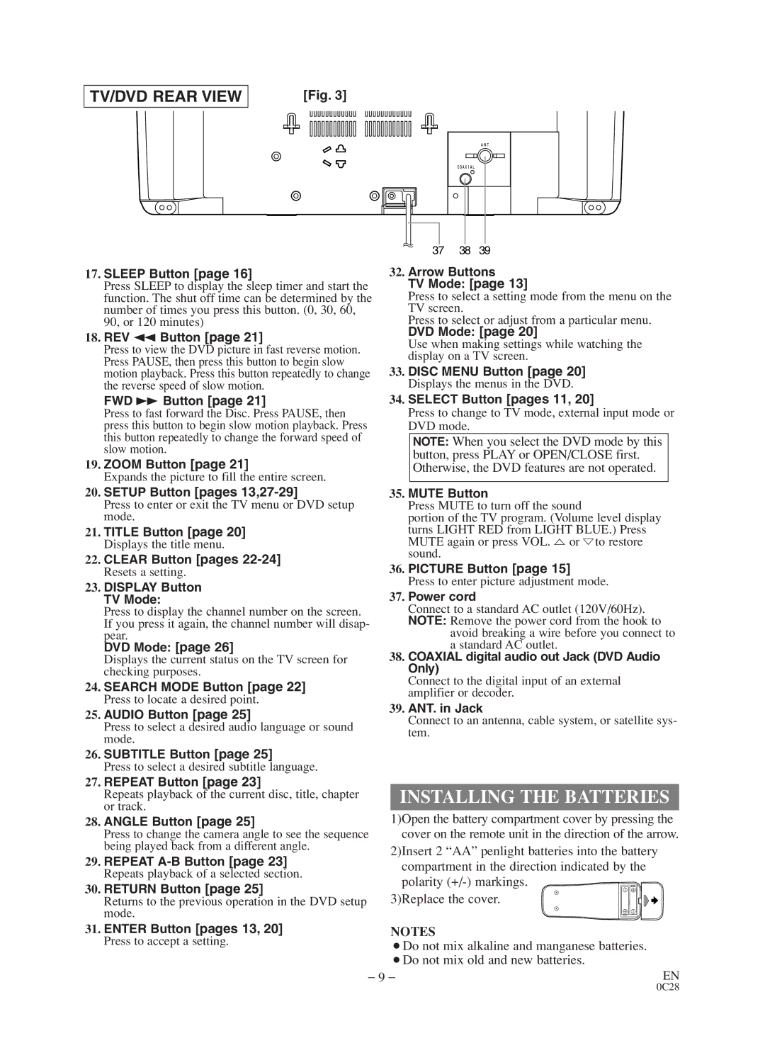 Sylvania 6519VD owner manual Installing the Batteries 