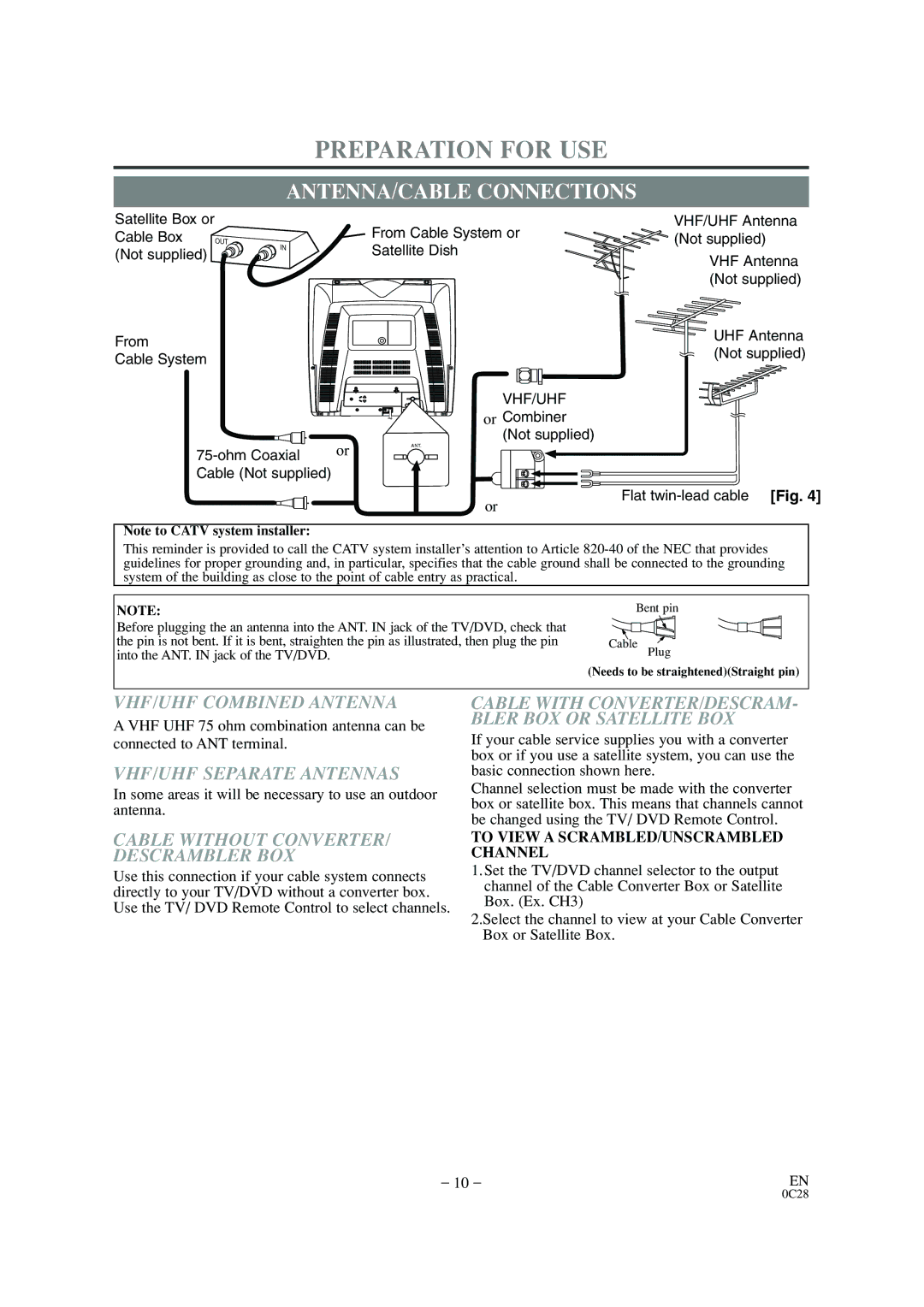 Sylvania 6520FDD Preparation for USE, ANTENNA/CABLE Connections, VHF/UHF Combined Antenna, VHF/UHF Separate Antennas 