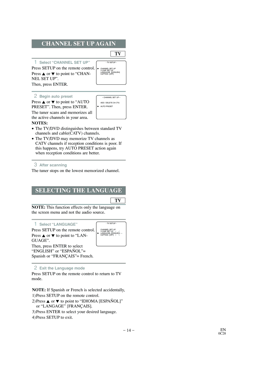 Sylvania 6520FDD owner manual Channel SET UP Again, Selecting the Language, Tuner stops on the lowest memorized channel 