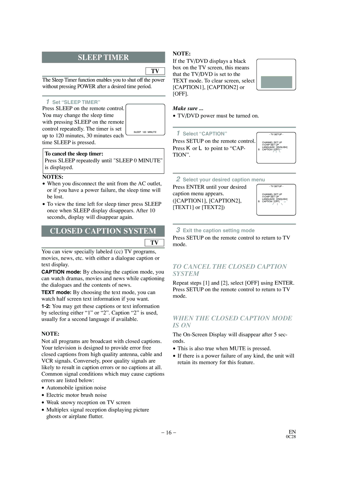 Sylvania 6520FDD owner manual Sleep Timer, To Cancel the Closed Caption System, When the Closed Caption Mode is on 