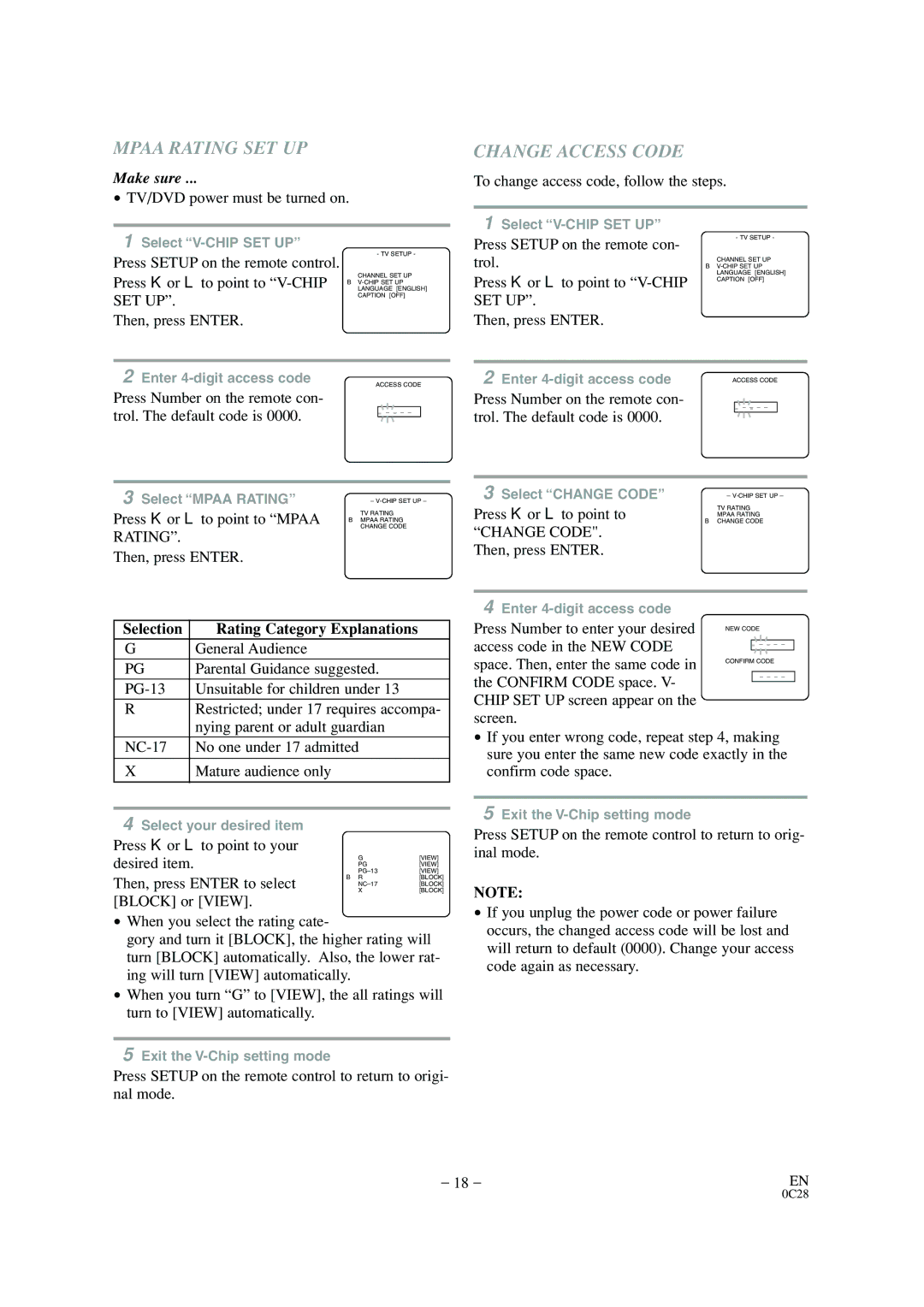 Sylvania 6520FDD owner manual Mpaa Rating SET UP, Change Access Code 