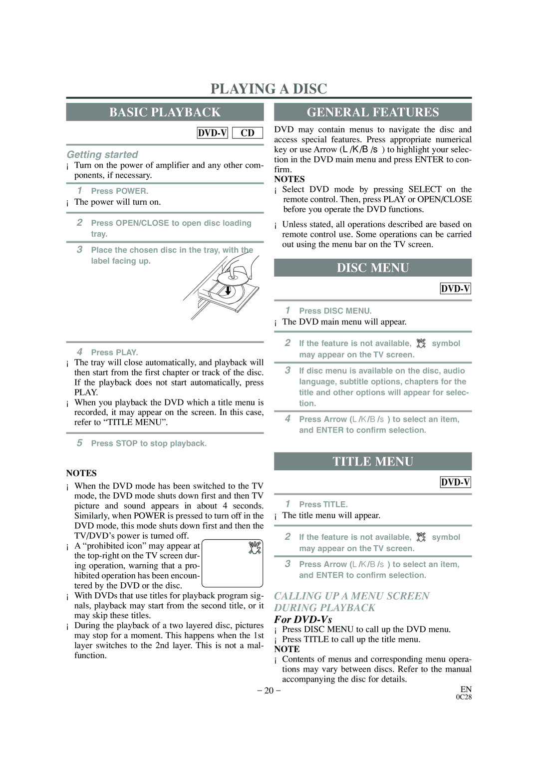 Sylvania 6520FDD owner manual Playing a Disc, Basic Playback, General Features, Disc Menu, Title Menu 