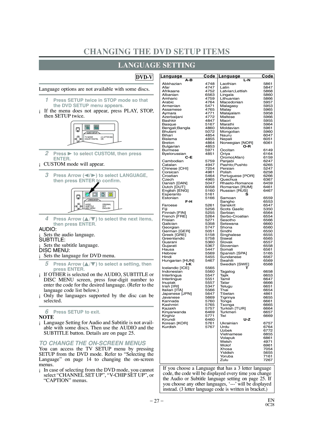 Sylvania 6520FDD owner manual Changing the DVD Setup Items, Language Setting 