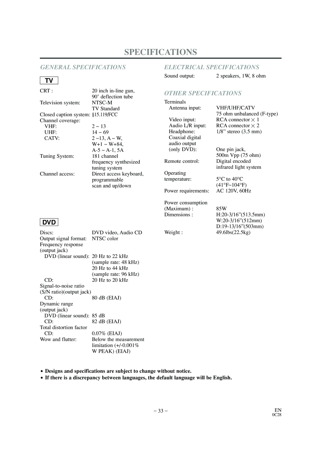 Sylvania 6520FDD owner manual General Specifications, Electrical Specifications, Other Specifications 