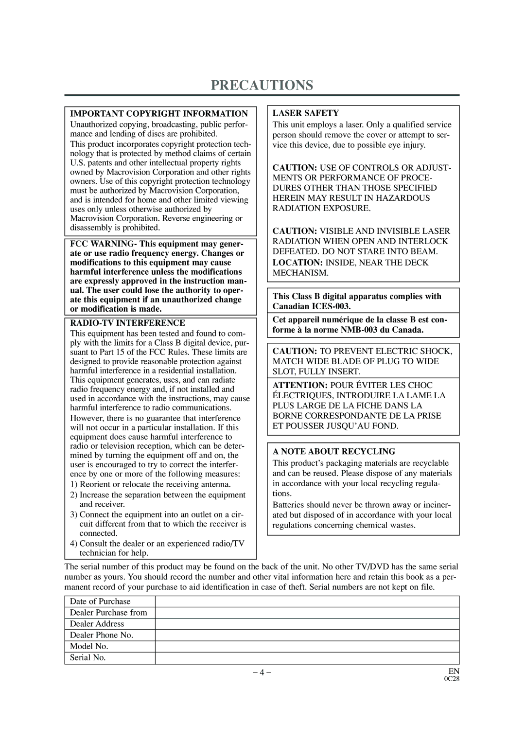 Sylvania 6520FDD owner manual Precautions, Important Copyright Information, RADIO-TV Interference, Laser Safety 