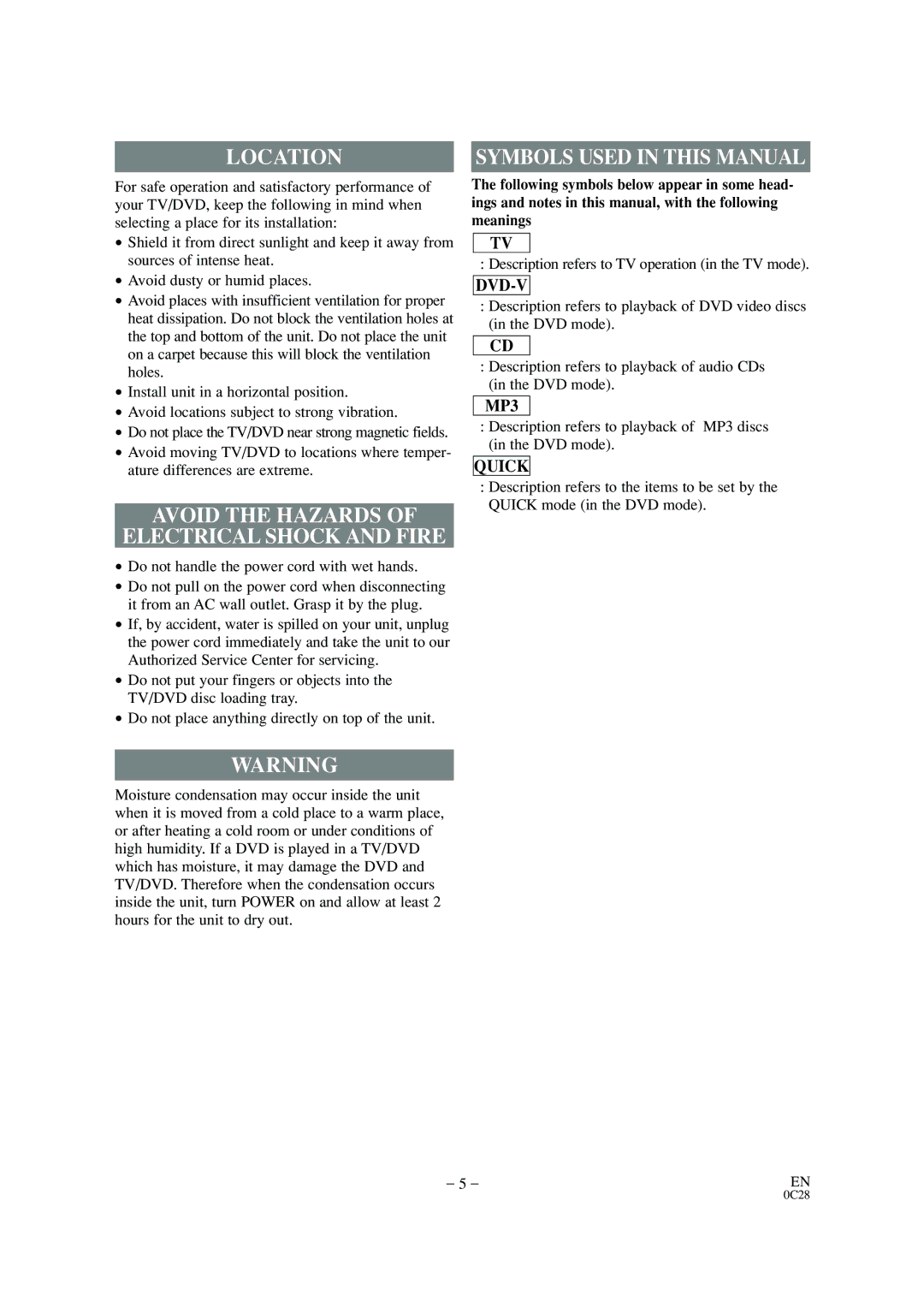 Sylvania 6520FDD Location, Avoid the Hazards Electrical Shock and Fire, Description refers to TV operation in the TV mode 