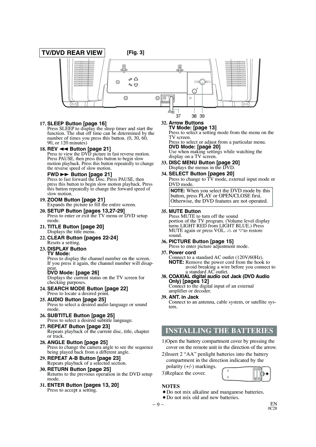 Sylvania 6520FDD owner manual Installing the Batteries 