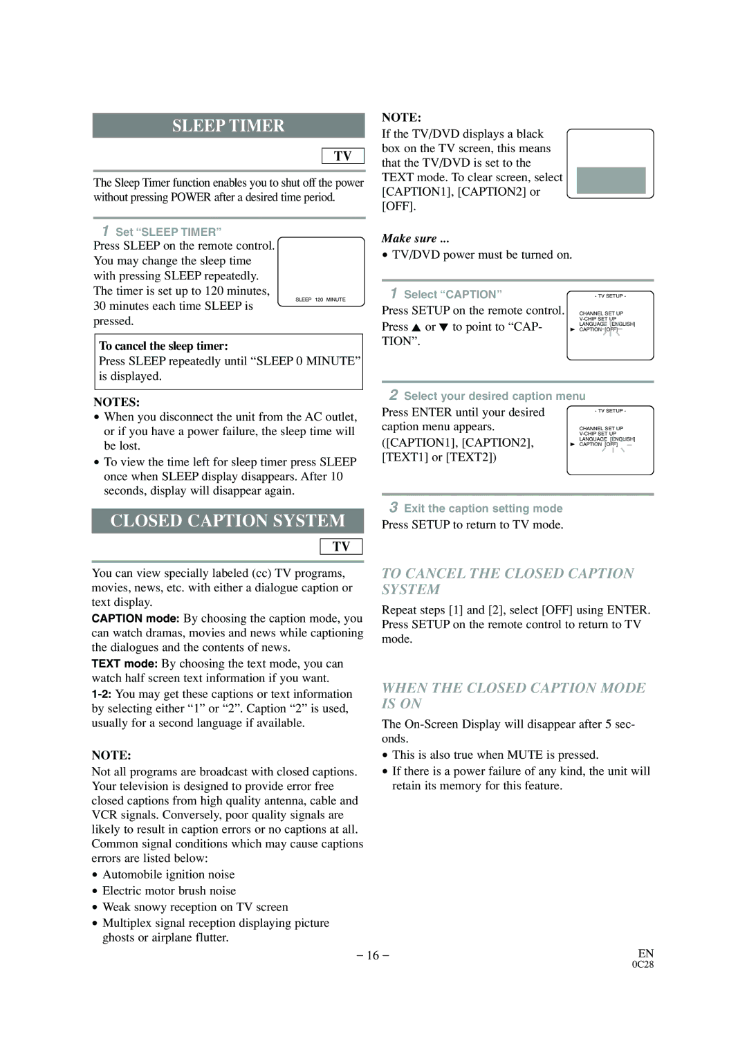 Sylvania 6520FDE owner manual Sleep Timer, To Cancel the Closed Caption System, When the Closed Caption Mode is on 