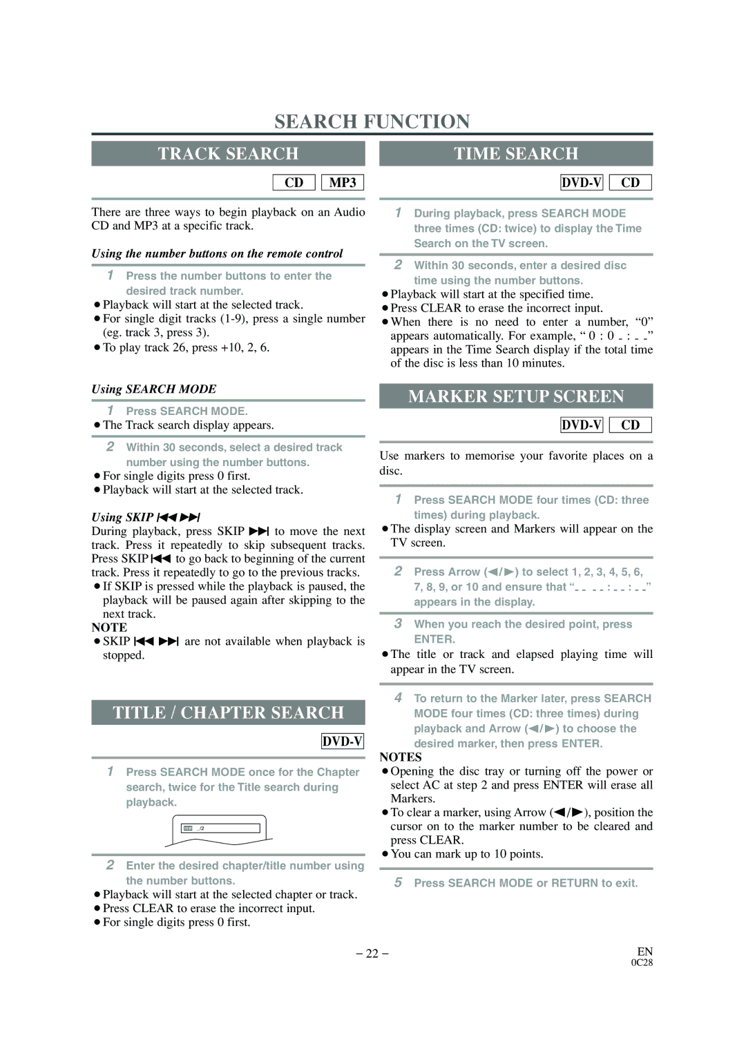 Sylvania 6520FDE owner manual Search Function, Track Search, Title / Chapter Search, Marker Setup Screen, Time Search 