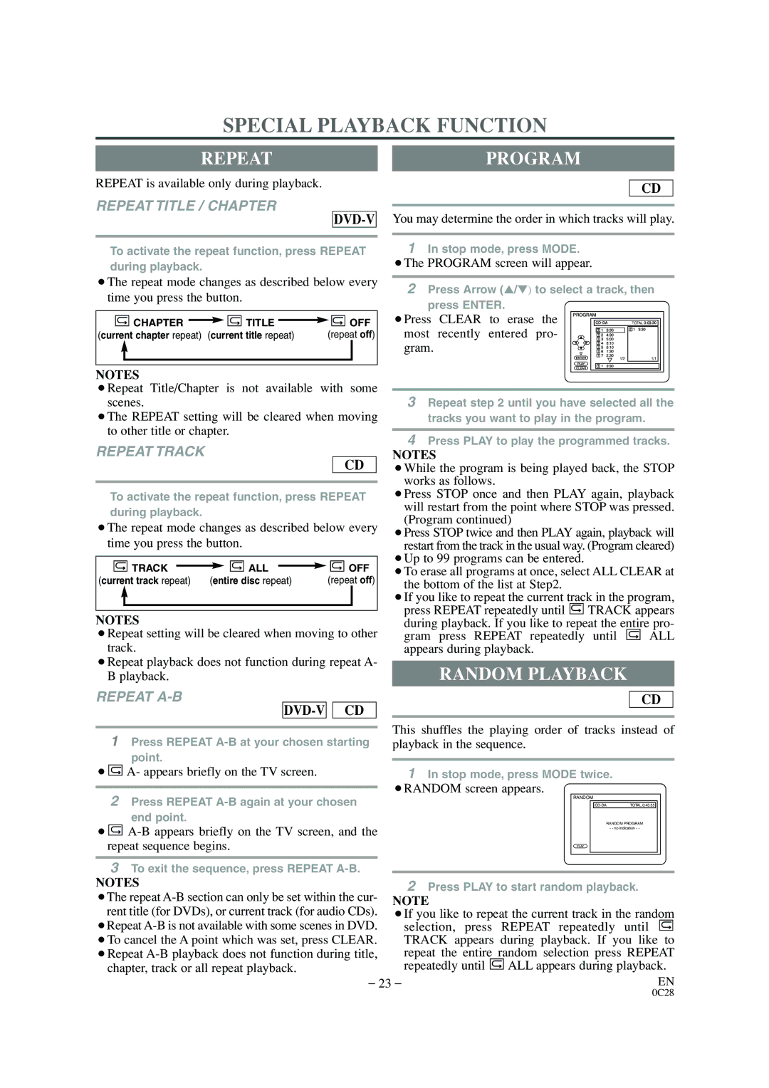 Sylvania 6520FDE owner manual Special Playback Function, Repeatprogram, Random Playback 