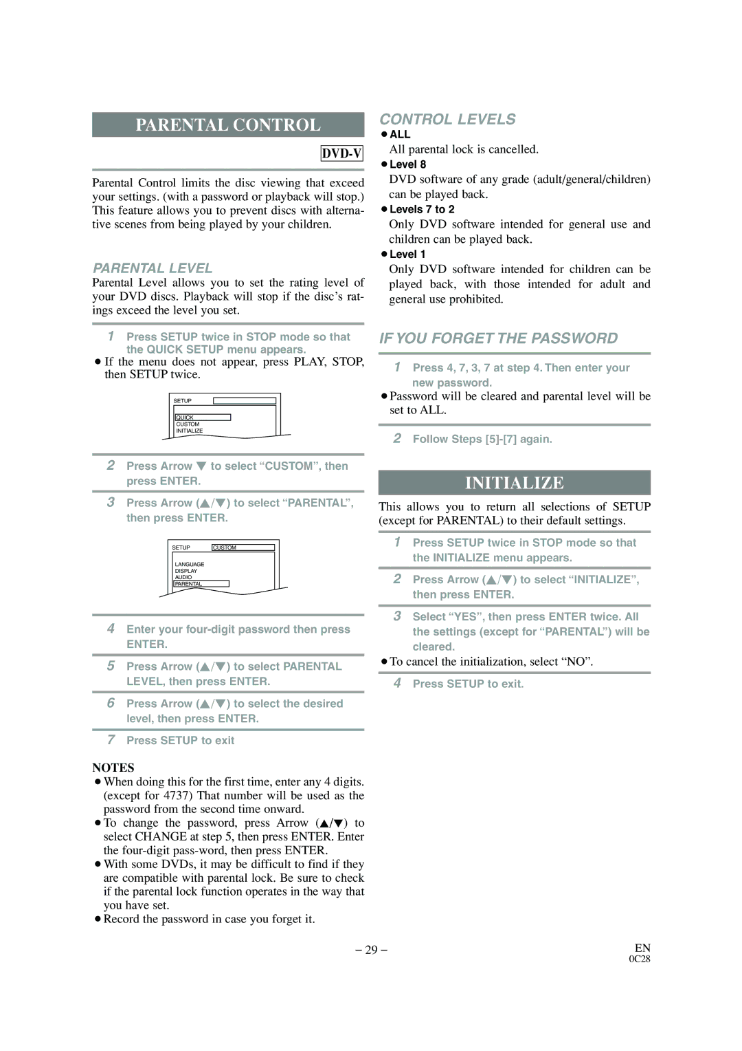 Sylvania 6520FDE Parental Control, Initialize, All parental lock is cancelled, ¡To cancel the initialization, select no 