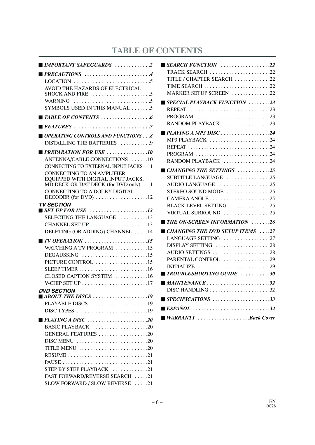 Sylvania 6520FDE owner manual Table of Contents 