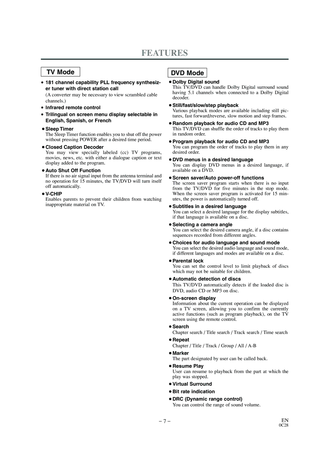 Sylvania 6520FDE owner manual Features, TV Mode 