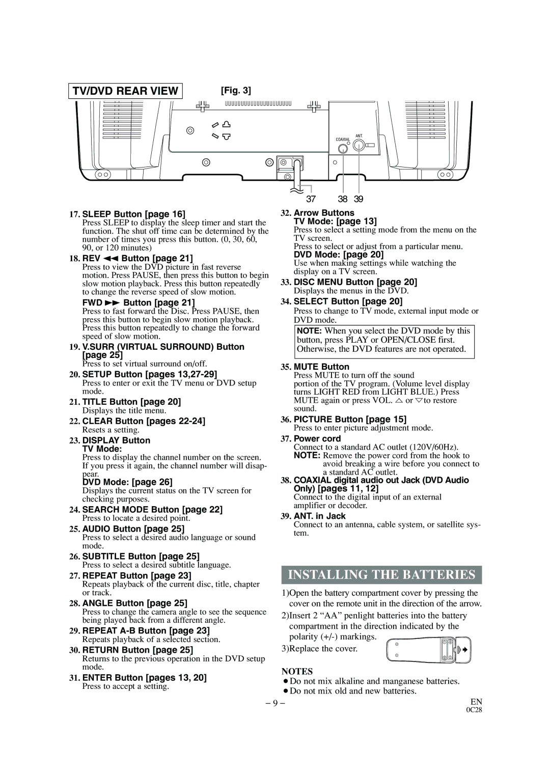 Sylvania 6520FDE owner manual Installing the Batteries 