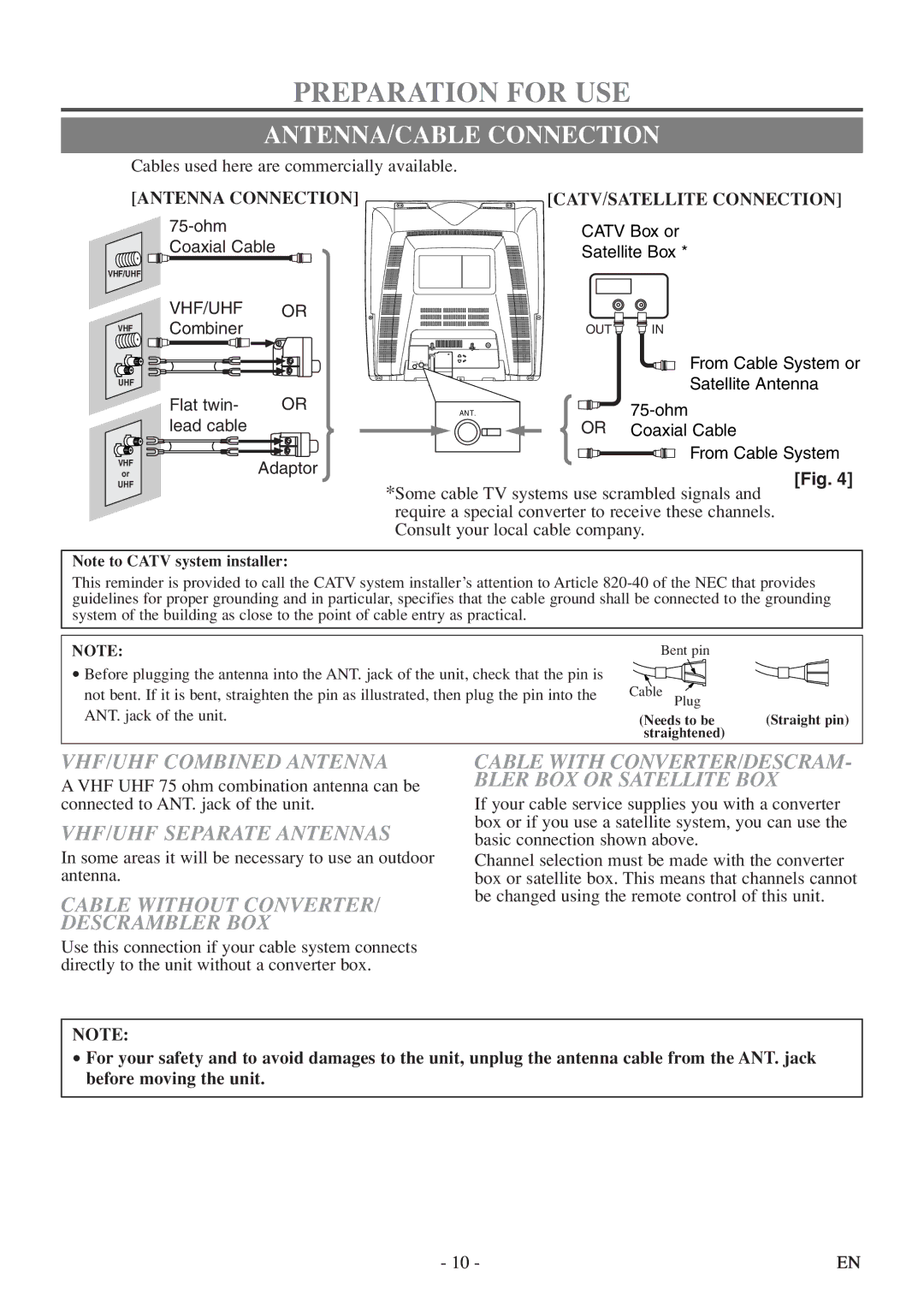 Sylvania 6520FDF Preparation for USE, ANTENNA/CABLE Connection, VHF/UHF Combined Antenna, VHF/UHF Separate Antennas 