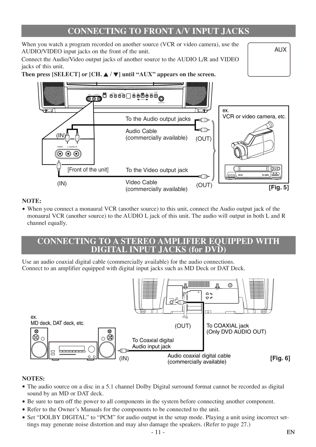 Sylvania 6520FDF owner manual Connecting to Front A/V Input Jacks, Connecting to a Stereo Amplifier Equipped with 