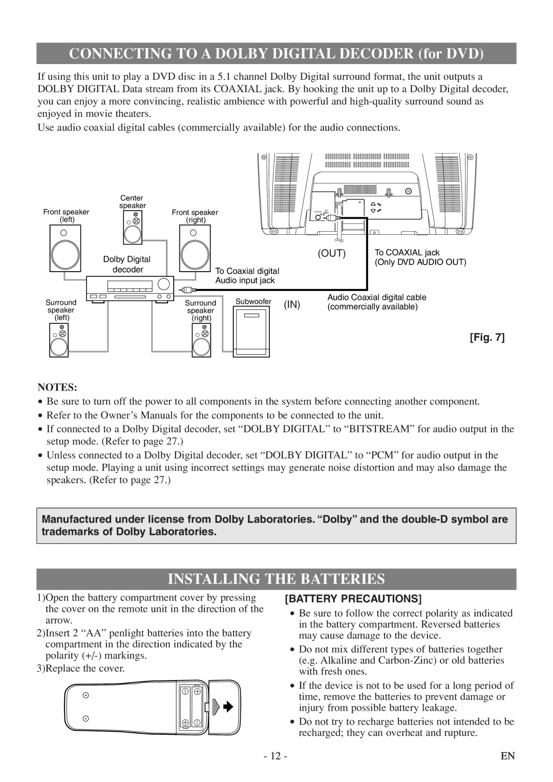 Sylvania 6520FDF owner manual Connecting to a Dolby Digital Decoder for DVD, Installing the Batteries 