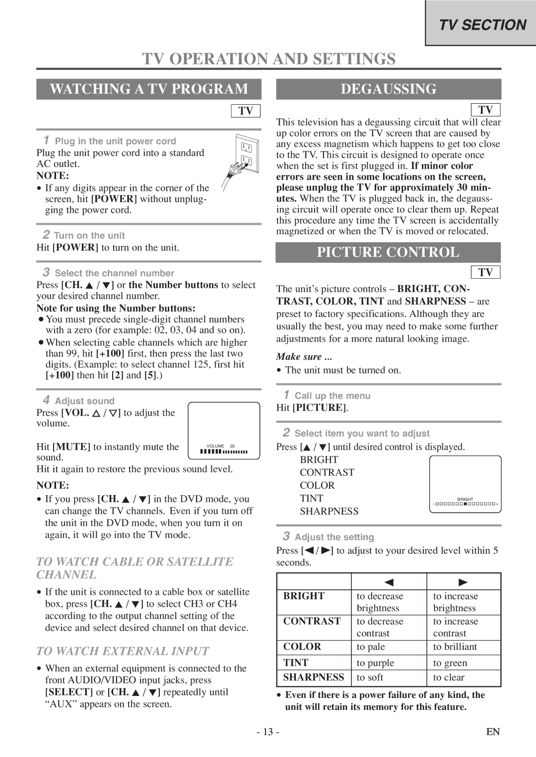 Sylvania 6520FDF owner manual TV Operation and Settings, Watching a TV Program, Degaussing, Picture Control 