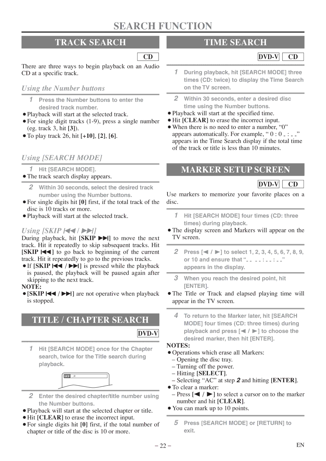 Sylvania 6520FDF owner manual Search Function, Track Search Time Search, Title / Chapter Search, Marker Setup Screen 