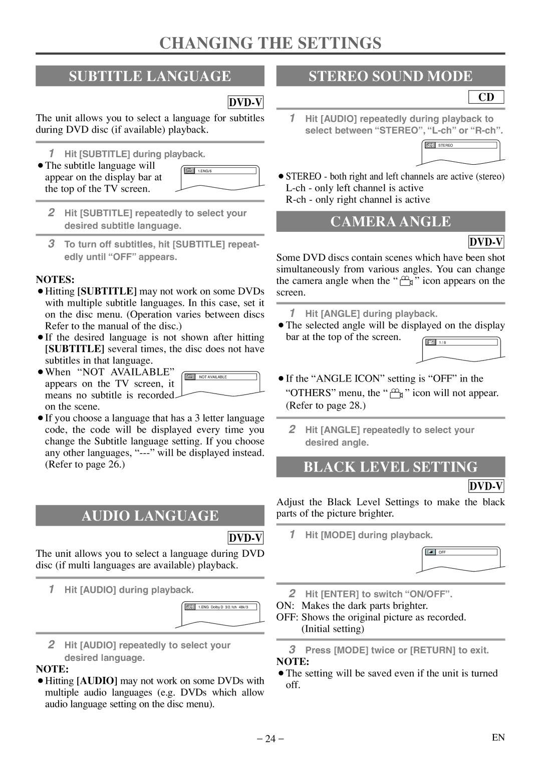 Sylvania 6520FDF owner manual Changing the Settings, Subtitle Language Stereo Sound Mode, Audio Language, Camera Angle 