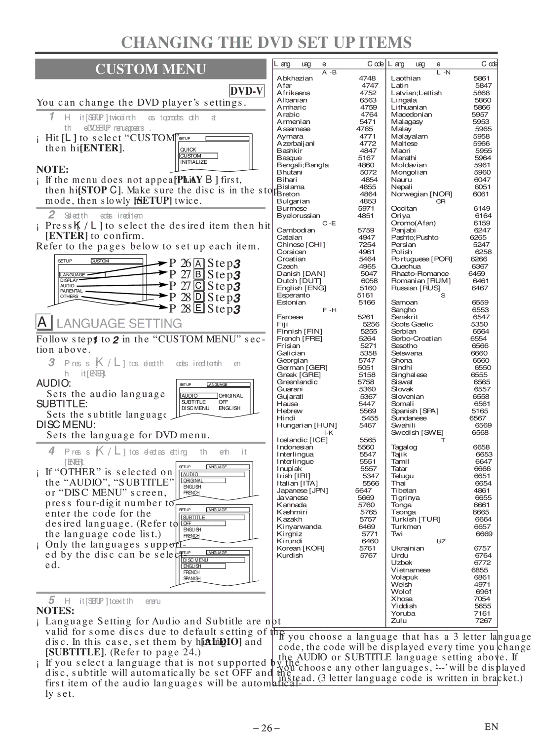 Sylvania 6520FDF owner manual Changing the DVD SET UP Items, Custom Menu, Language Setting 