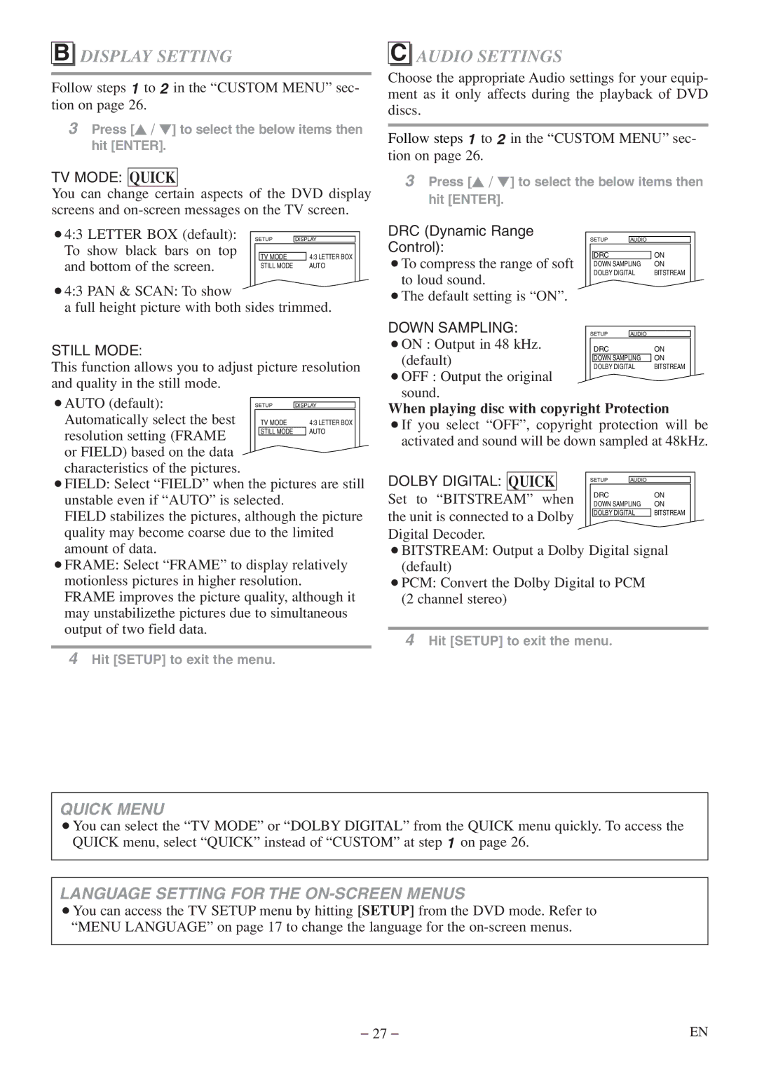 Sylvania 6520FDF owner manual Display Setting, Audio Settings, When playing disc with copyright Protection, Quick 