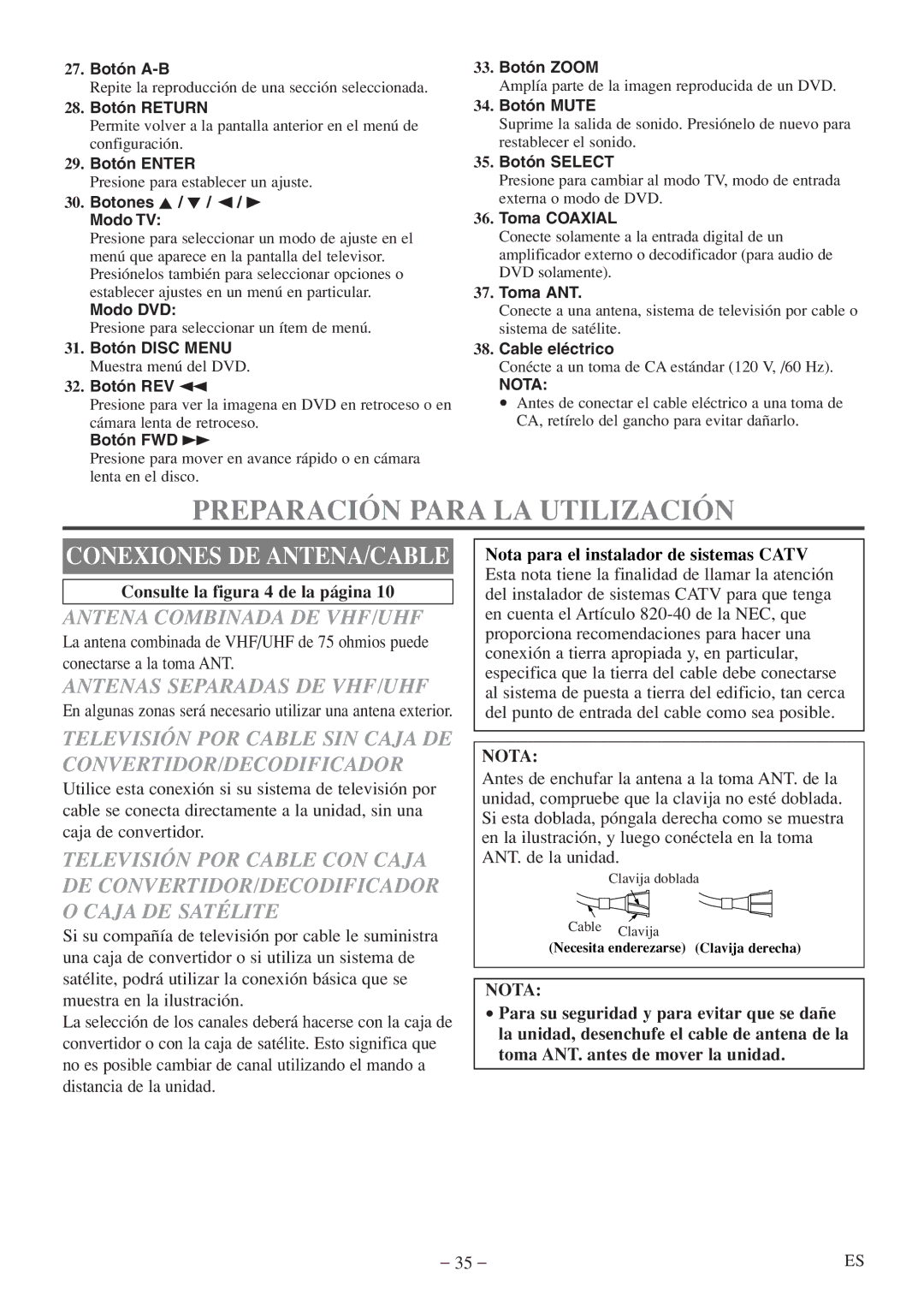 Sylvania 6520FDF Preparación Para LA Utilización, Antena Combinada DE VHF/UHF, Antenas Separadas DE VHF/UHF, Nota 