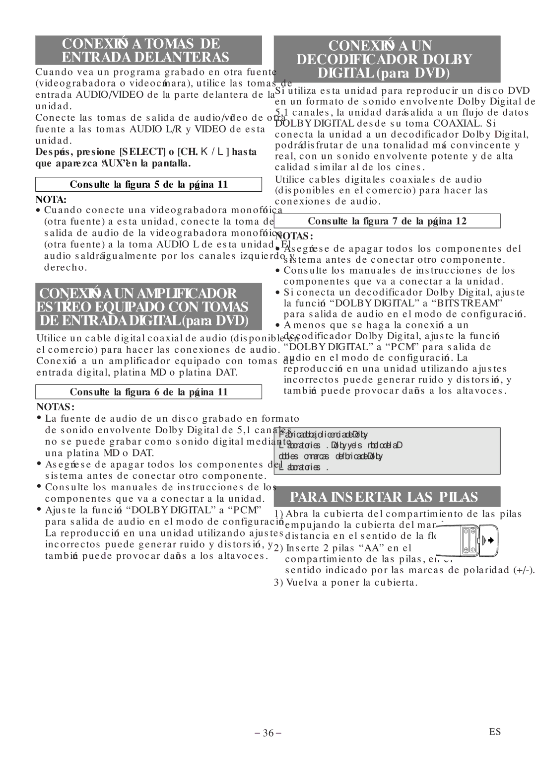 Sylvania 6520FDF Conexión a UN Decodificador Dolby, Para Insertar LAS Pilas, Consulte la figura 6 de la página, Notas 