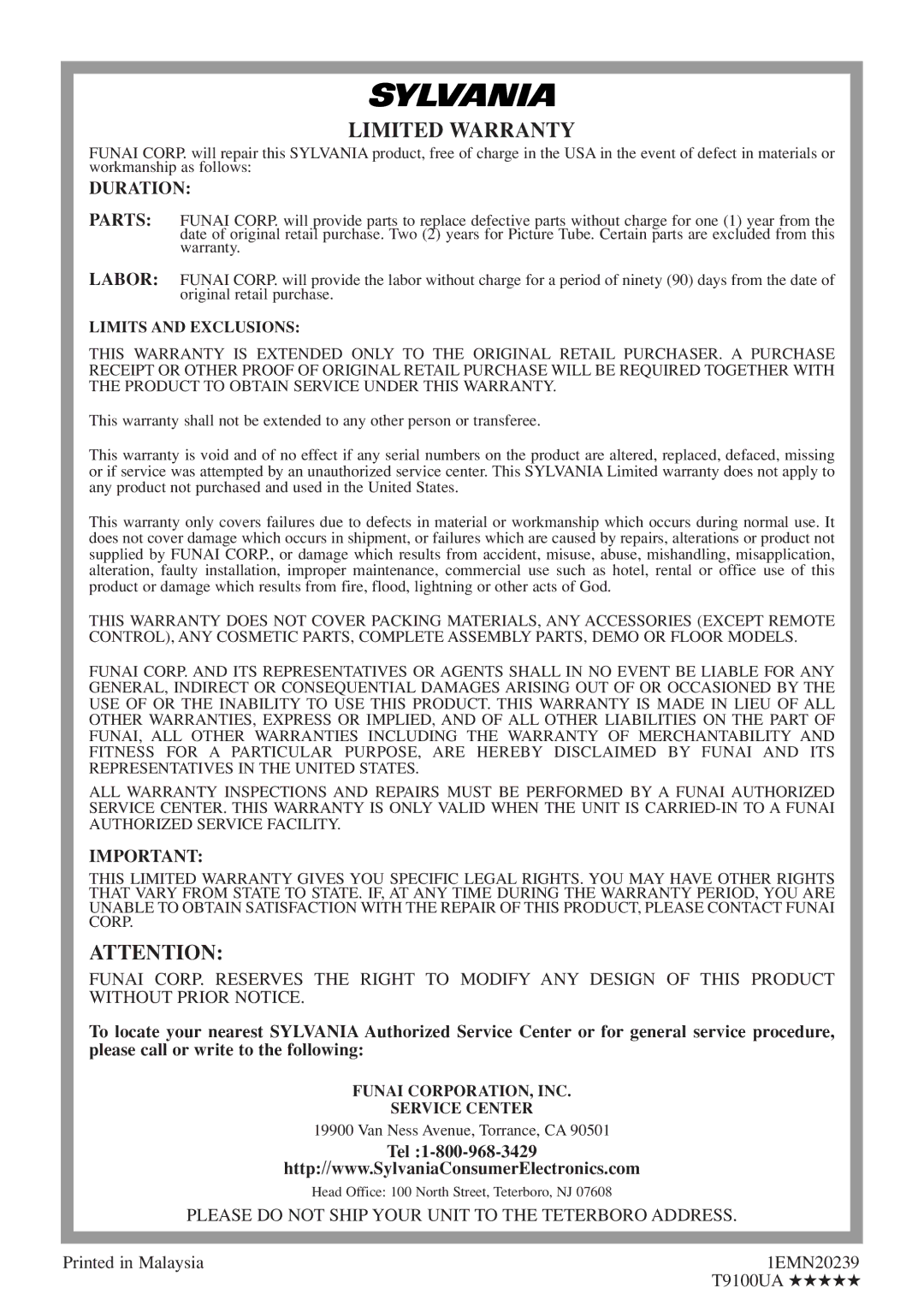 Sylvania 6520FDF owner manual Duration, Tel, 1EMN20239, T9100UA 