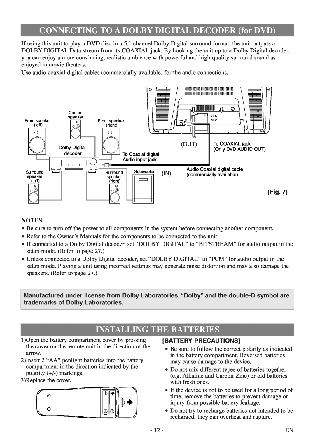Sylvania 6520FDF owner manual CONNECTING TO A DOLBY DIGITAL DECODER for DVD, Installing The Batteries, Battery Precautions 
