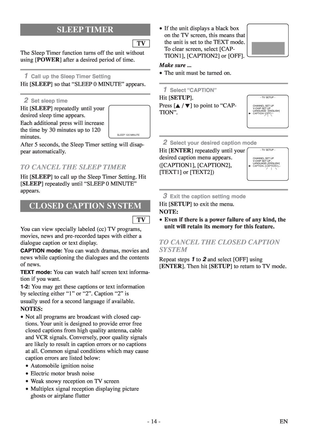 Sylvania 6520FDF owner manual To Cancel The Sleep Timer, To Cancel The Closed Caption System, Hit SETUP, Make sure 