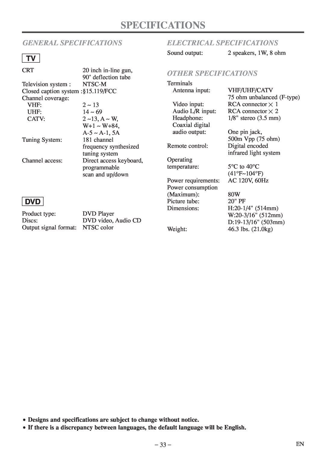 Sylvania 6520FDF owner manual General Specifications, Electrical Specifications, Other Specifications 