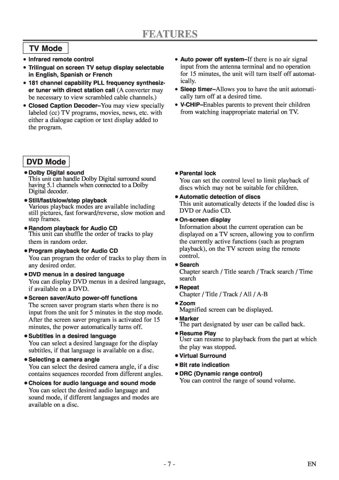 Sylvania 6520FDF owner manual Features, TV Mode, DVD Mode 