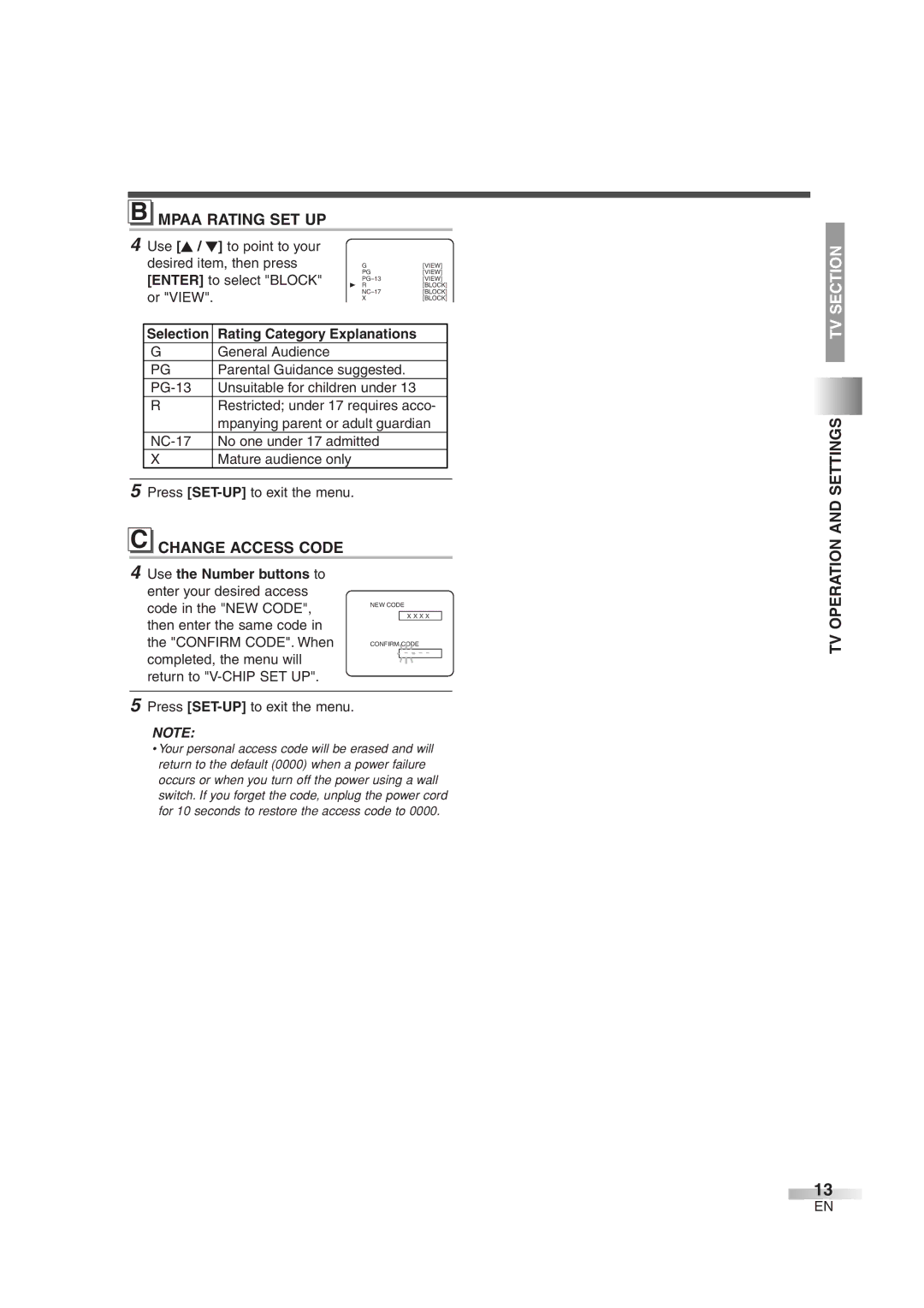 Sylvania 6520FDG owner manual Mpaa Rating SET UP, Change Access Code, Selection Rating Category 