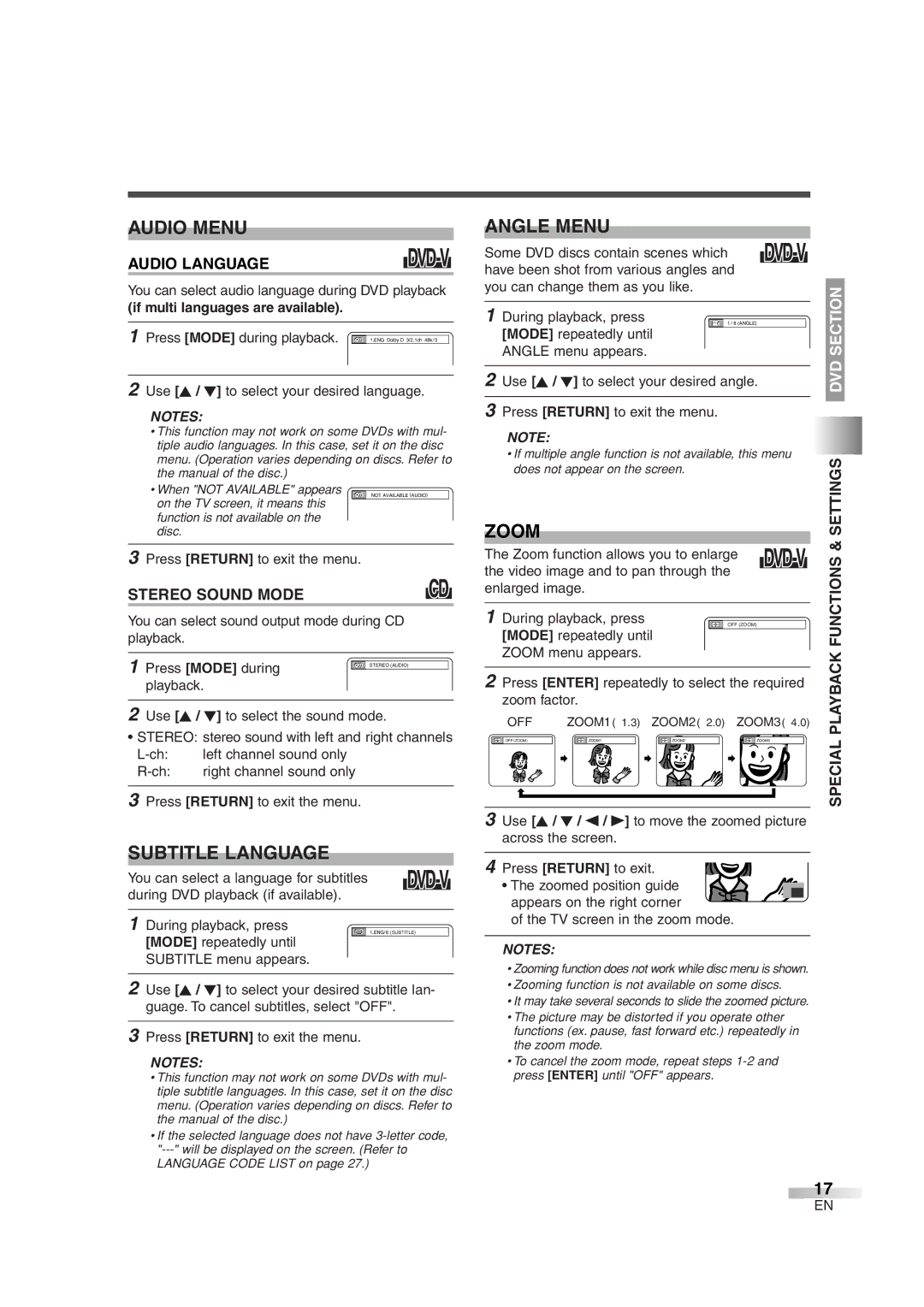 Sylvania 6520FDG owner manual Audio Menu, Zoom, Subtitle Language 