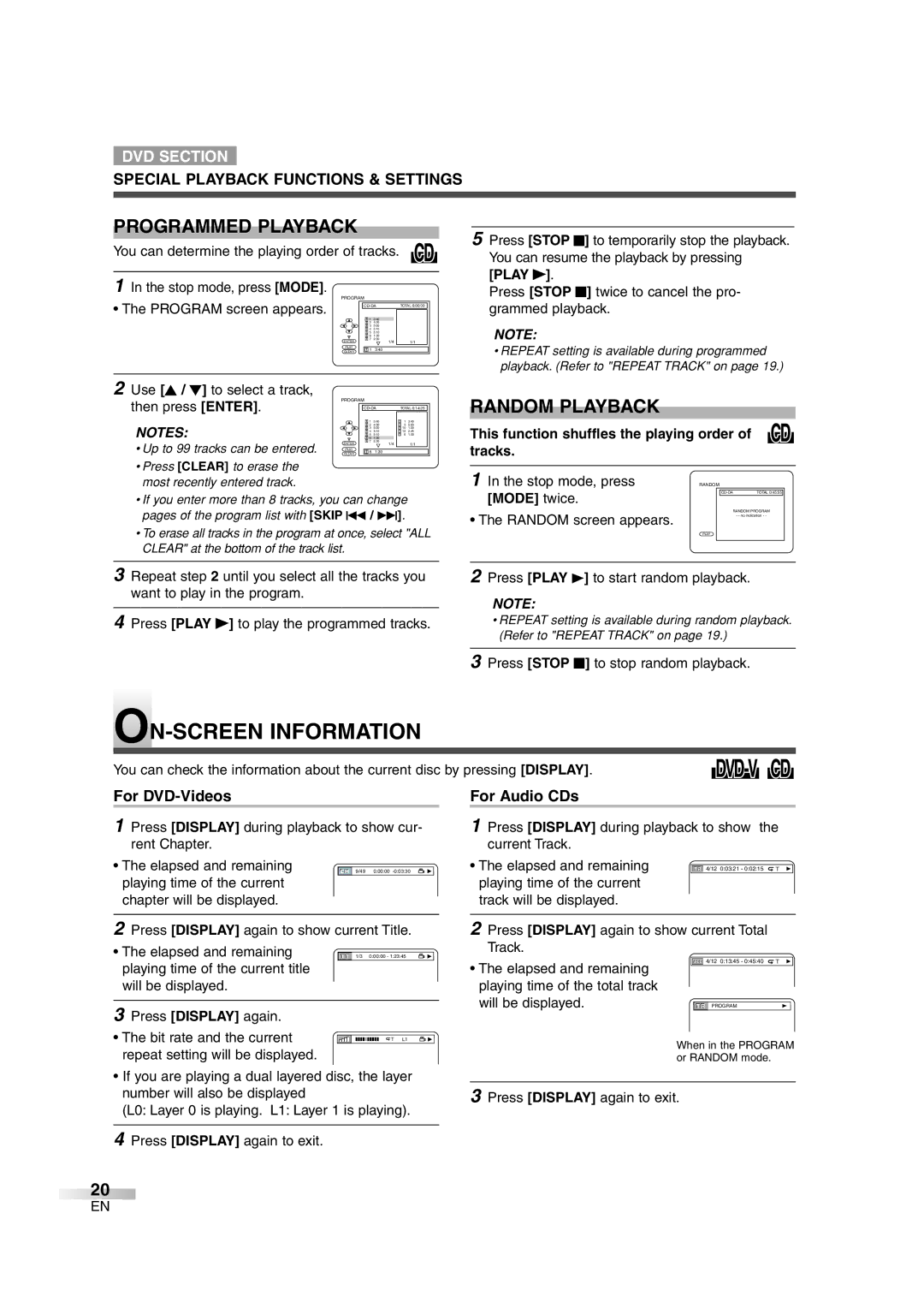 Sylvania 6520FDG owner manual ON-SCREEN Information, Programmed Playback, Random Playback, Mode twice 