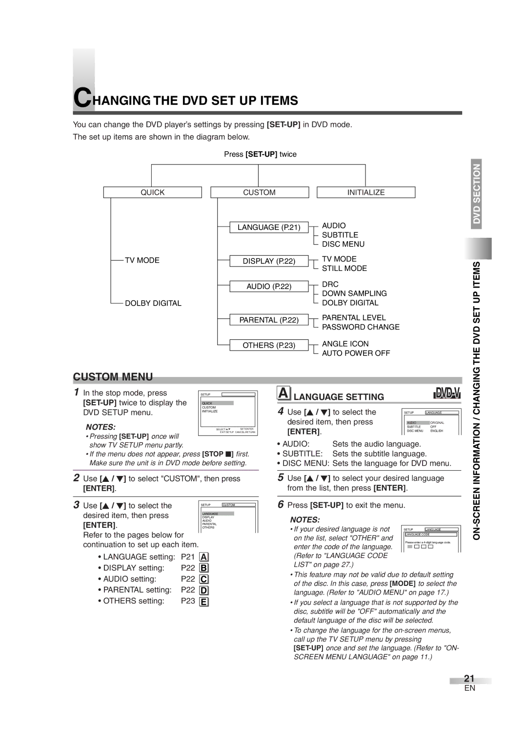 Sylvania 6520FDG owner manual Changing the DVD SET UP Items, Custom Menu, Language Setting, Information / Changing 