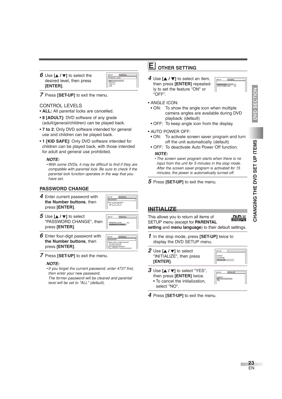 Sylvania 6520FDG owner manual Initialize, Password Change, Other Setting, Dvd 