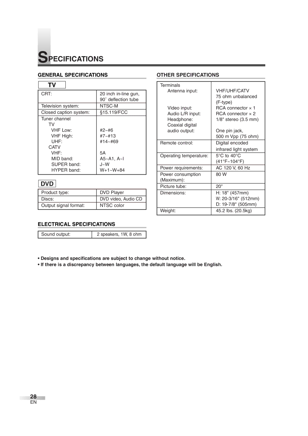 Sylvania 6520FDG owner manual Dvd, General Specifications, Other Specifications, Electrical Specifications 