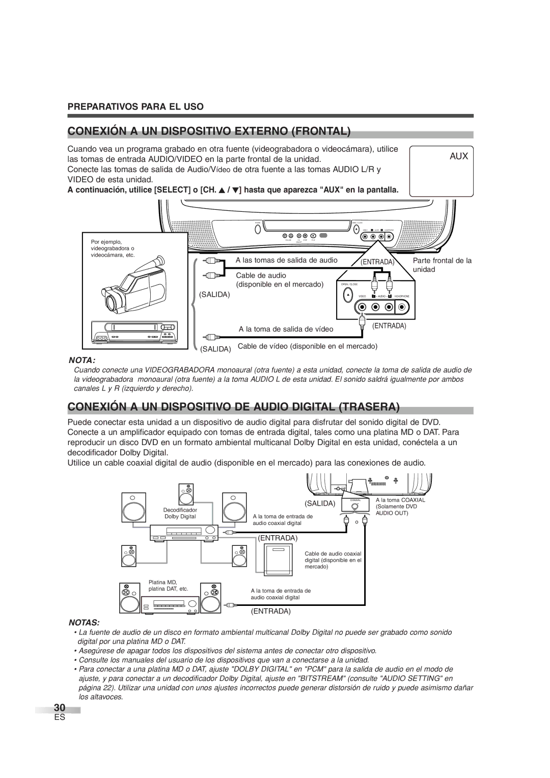 Sylvania 6520FDG owner manual Conexión a UN Dispositivo Externo Frontal, Conexión a UN Dispositivo DE Audio Digital Trasera 