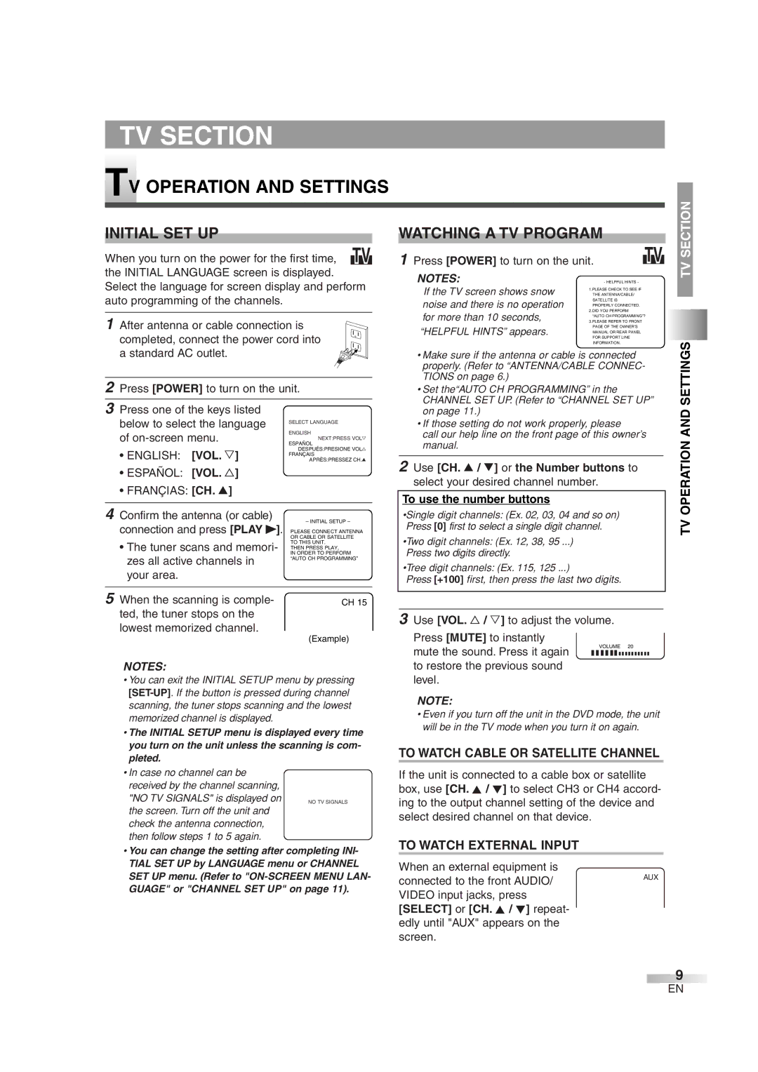 Sylvania 6520FDG owner manual TV Operation and Settings, Initial SET UP, Watching a TV Program 