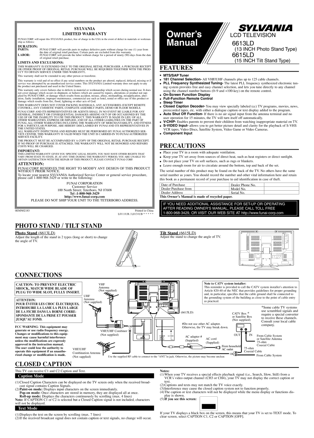 Sylvania 6615LD, 6613LD owner manual Features, Precautions, Photo Stand / Tilt Stand, Connections, Closed Caption 