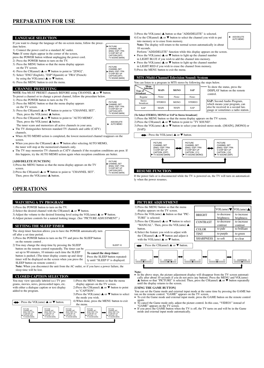 Sylvania 6615LD, 6613LD owner manual Preparation for USE, Operations 